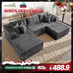 【2 Packages Shipping】Ovios 106" Plush Corduroy Cloud Velvet Modular Boneless Couch with Chaise & Ottoman, No Assembly Required - L/U-Shaped Sectional Sofa Set with Flexible Configuration - 107"W x 69.5"D x 30"H, 3 Seater