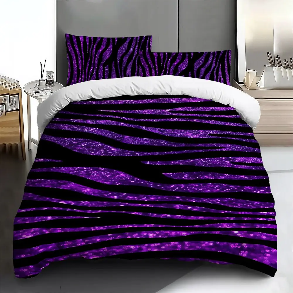 Three-piece bedding set - 2pcs/3pcs 2D Flat purple and black striped glitter pattern duvet cover set (1 duvet cover + 1/2 pillowcases, no insert), multi-color printed bedding set, soft and comfortable, suitable for family bedrooms and guest rooms.
