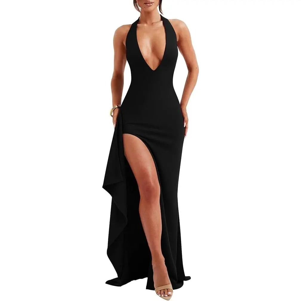 sachin and babi light blue dress Women's Sexy Deep V Neck Halter High Split Backless Cocktail Party Formal  Maxi Dress