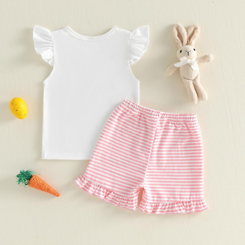 Little Kids Toddler Baby Girl Easter Outfit Fly Sleeve Dog Embroidery Shirt Top Stripe Shorts Set Summer Clothes