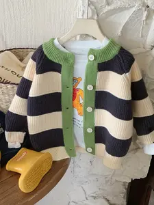 Autumn Winter New Kids Sweater Coat Casual Button Up Cardigan, Stylish Striped Fashion Baby Color Block Knitwear Design, Perfect for Spring & Fall Seasons