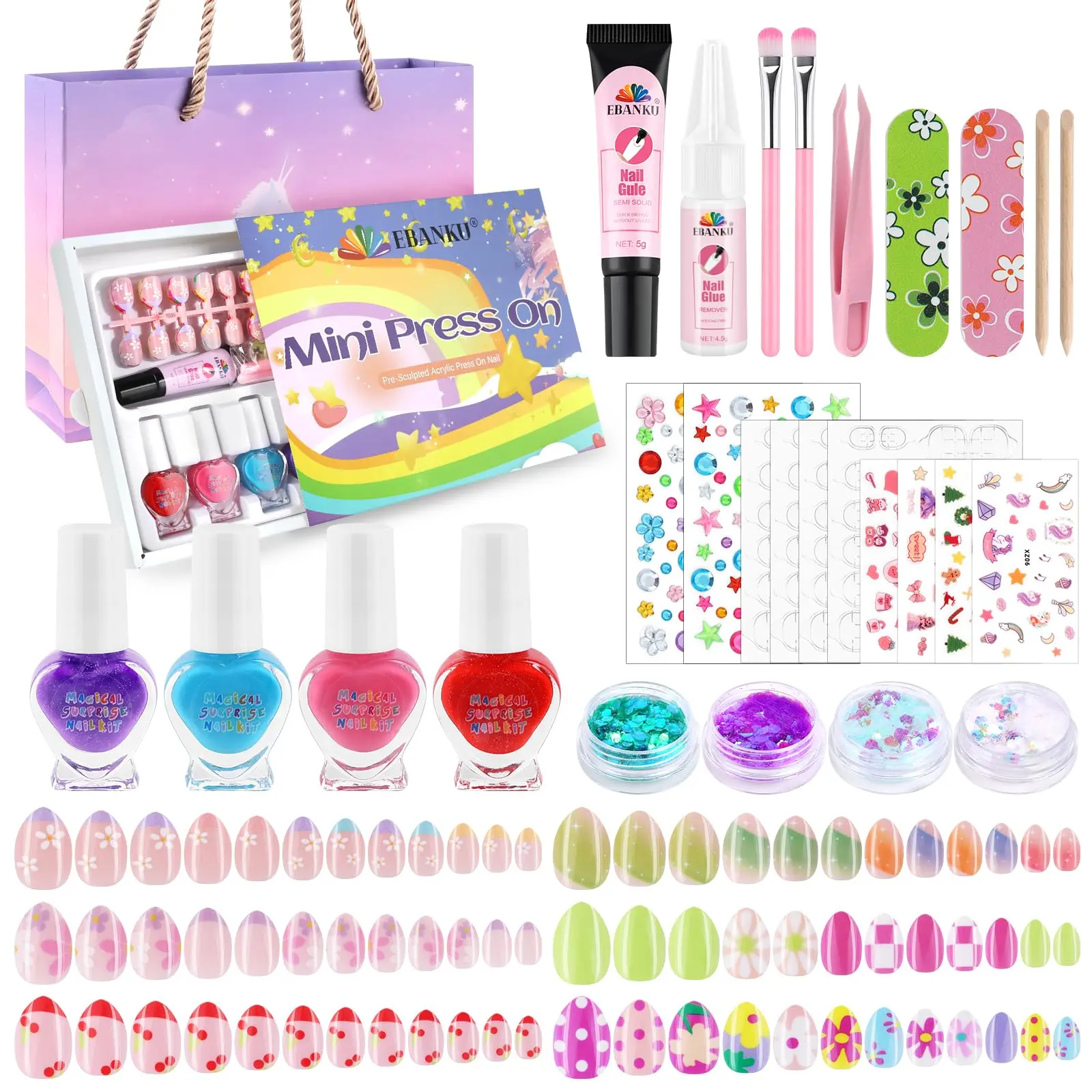 EBANKU 144 Pcs Press on Nail Kids Gift Box with 4pc Nail Polishs, Acrylic Nail Kit Set with Nail Tools for Nail DIY