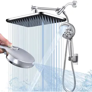 Couples Rain Shower Combo | 14 inch High Pressure | 9 Settings | 3-Way Waterfall + Handheld | Height Adjustable | for Two