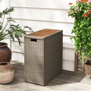 17-Gallon Small Deck Box Wicker Outdoor Storage with Acacia Wood Top for Patio Cushions Garden Tools Teak UV-Resistant PE Rattan Durable Weather-Resistant