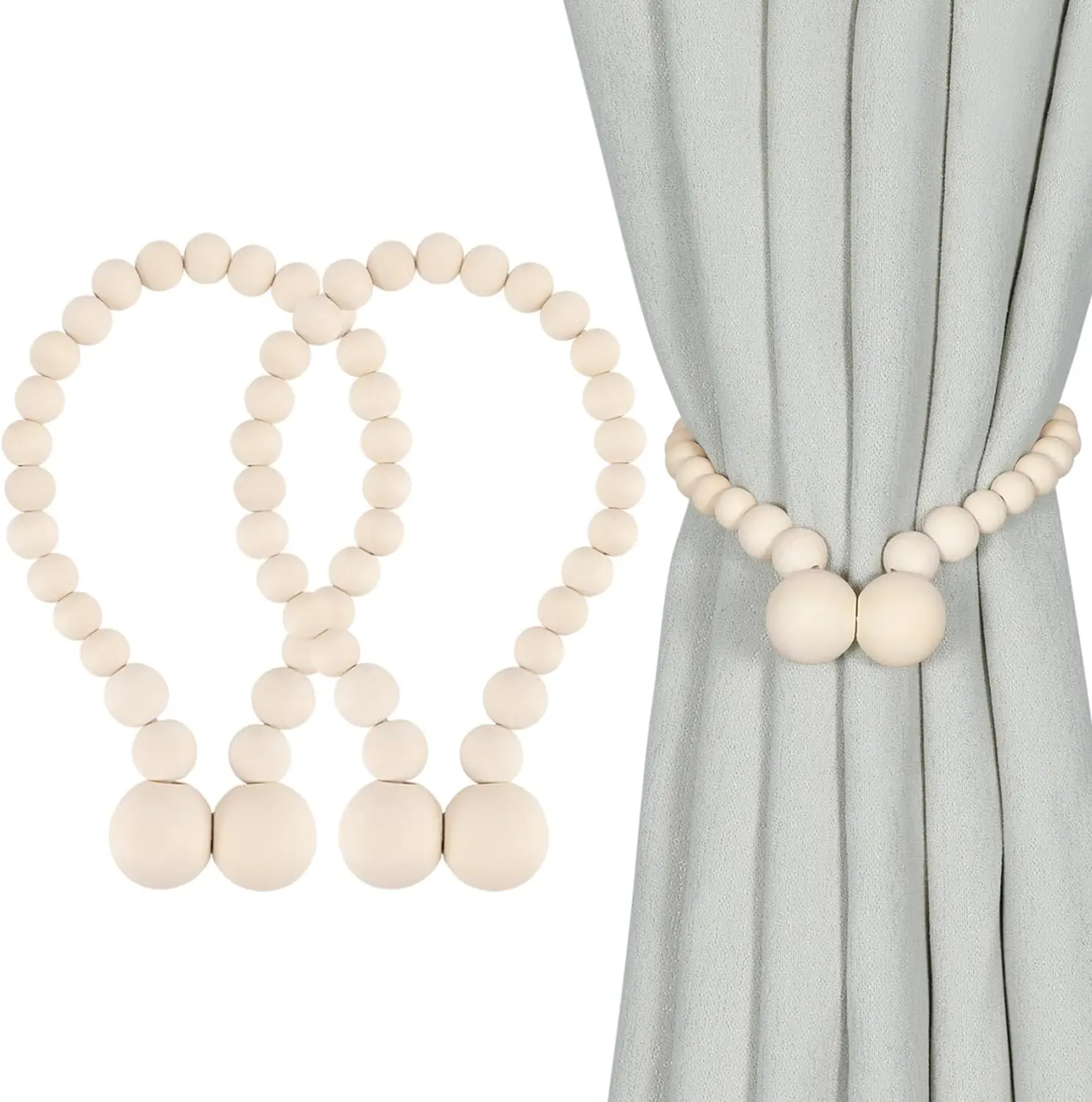 Magnetic Curtain Tiebacks 2 Pack with Wood Beads – Boho Curtain Holdbacks for Drapes, Decorative Curtain Holders for Living Room, Bedroom, Baby Nursery, Farmhouse & Rustic Home Decor