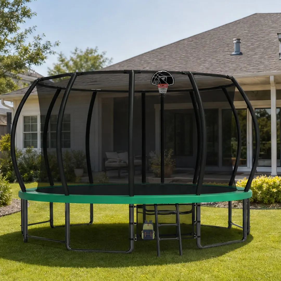ARCH 15FT Outdoor Trampoline with Basketball Hoop, Galvanized Anti-Rust Steel Frame, Green, 6 Balance Bar W-Shaped Legs, Ladder, Shoe Bag, Spring Pad, ASTM CPC Certified, Backyard Fun for Kids, Green Color Options, Steel Material, Color: Green