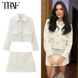 TRAF White Tweed Bomber Jacket Women Varsity Cropped Jacket Woman Outerwears Demi-season Jackets for Women Spring Women's Coats