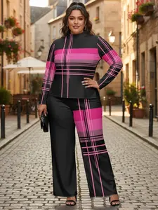 Plus-size women's casual striped and printed long-sleeved turtleneck top paired with loose wide-leg pants set. The pants are ankle-length and have a standard fit, suitable for spring, summer, and autumn wear.