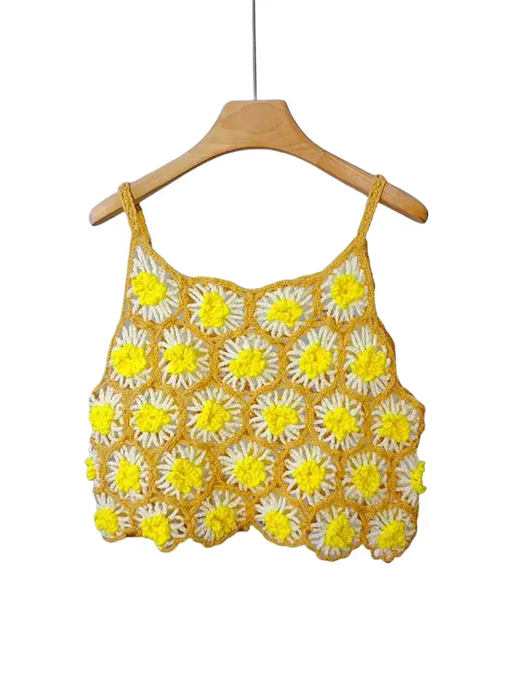 Women's Crochet Daisy Vest, Handknitted Cotton U-Neck Tank Top, Sleeveless Casual Holiday Fashion Knitwear, Free Size, Comfortable, Floral, Crochet Knot Women's Tanks & Camis, Short