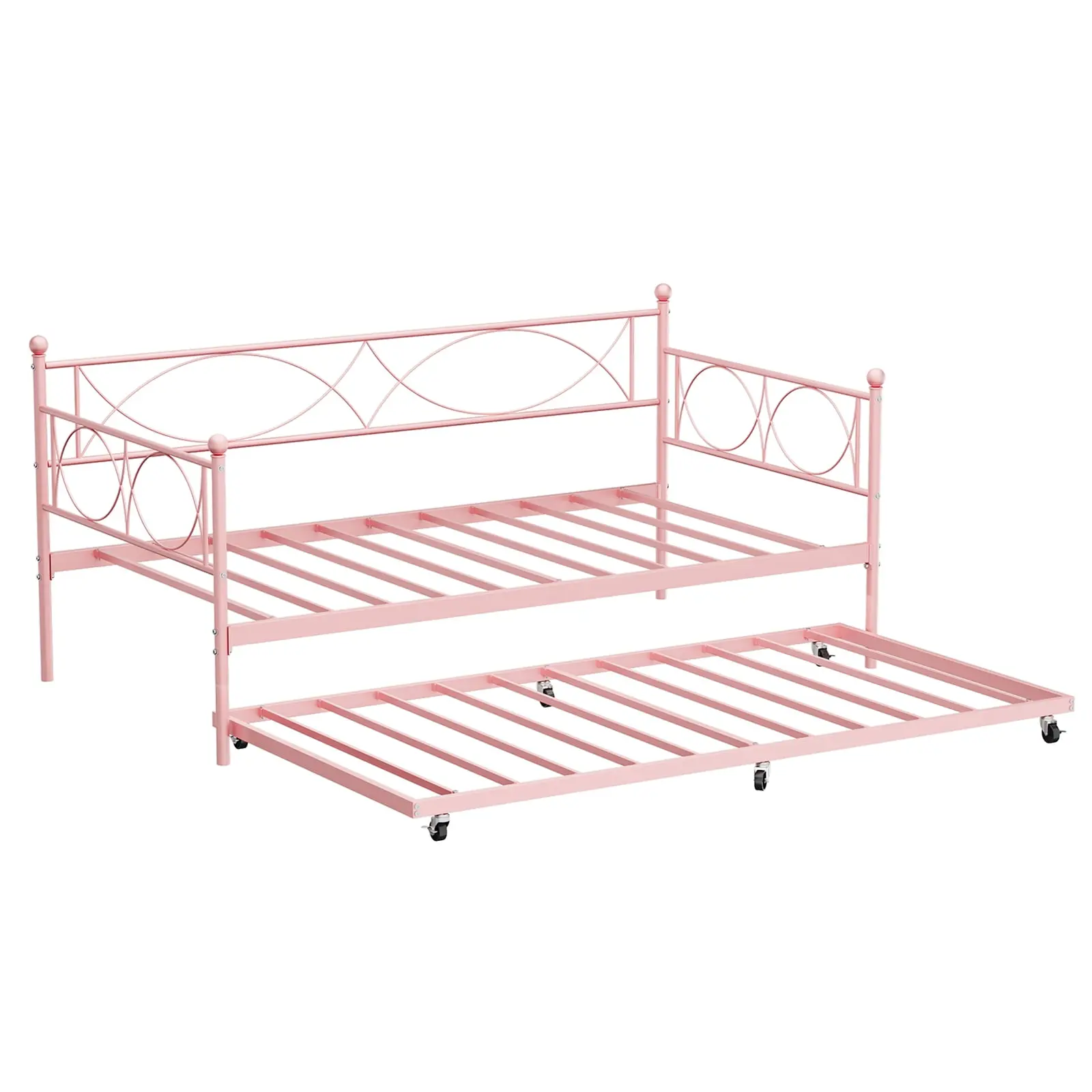 Gaomon Twin Size Iron Frame Daybed with Trundle (Pull Out Bed), Heavy Duty Metal Slats (500 lbs Max), Locking Casters, Floral Geo Single Mattress Foundation Platform Sofa Bed, 78.1 x 41.6 x 33.7 Inches, Assembly Required for Living Room, Bedroom