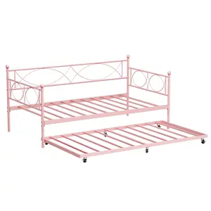 Gaomon Twin Size Iron Frame Daybed with Trundle, 500lb Heavy Duty Metal Slats, Locking Casters, Floral Geo Mattress Foundation Platform Sofa Bed for Living Room, Bedroom