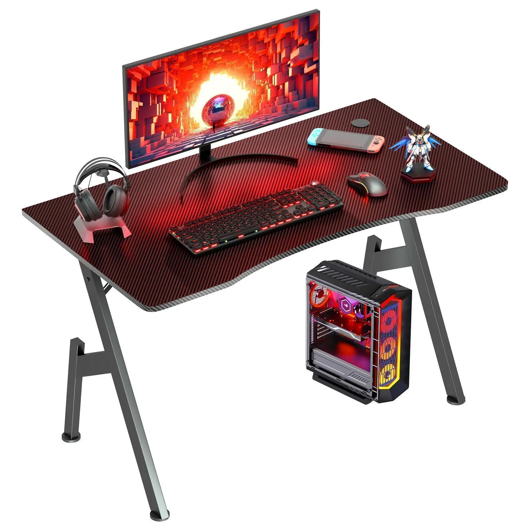 Ecofurnix Modern Sturdy Computer Desk - 32/40 Inch Whole Board Carbon Fiber Gaming Desk, Waterproof Stainless Steel A-Shape Black Table for Home/Office, Simple Assembly Furniture