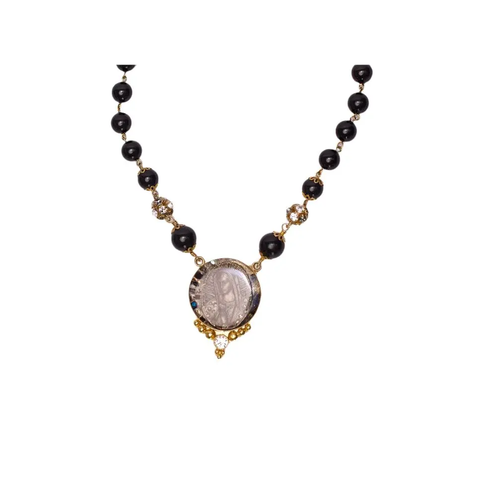 BC08 Virgin of Guadalupe Necklace with Black Stones 14K Gold-Plated Pendant Handcrafted by Mexican Artisans 21 x 21 cm