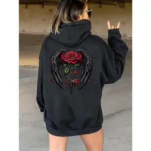 Women's winged heart & red roses Graphic Hoodie - Cotton Blend Black Long Sleeve Pullover Regular Fit | Soft & Breathable Fabric, Durable Print, Everyday Comfort, Machine Washable, edgy streetwear urban outdoor