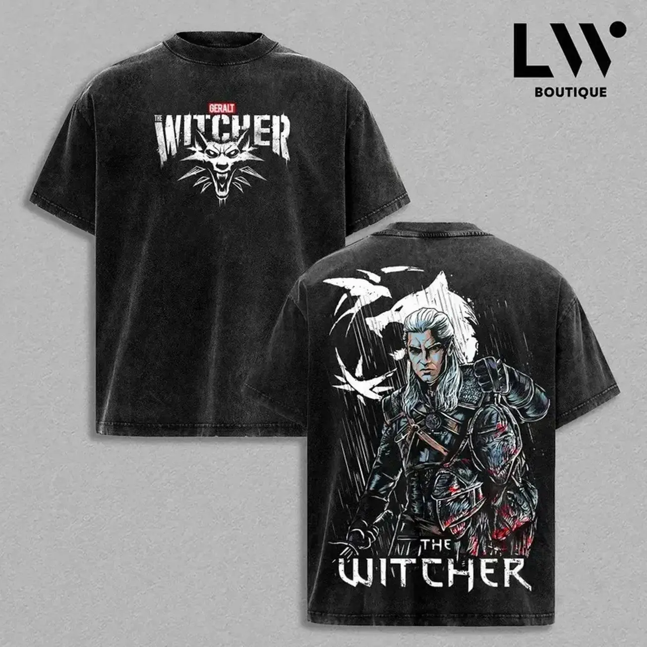 The Witcher Shirt | The Witcher T Shirt | Geralt of Rivia Tee | Vintage Washed Oversized T-Shirt | Heavyweight Cotton | Dark Fantasy Graphic Tee | Medieval Sword Streetwear | Unisex 9A4