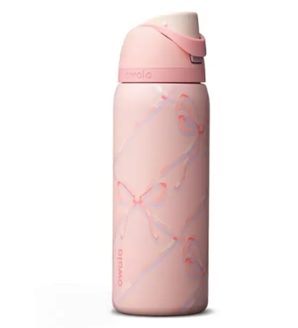 Pink BoCoquette  Straw Owala Glitter Sugar Plum Fairy Stainless Steel Vacuum Insulated Cup - 32 oz (940ml),  Anti-Scalding, Loop-Attached, Portable Gym Travel Reusable DrinkwaREPerfect Gift Tumbler, Water Cup for Girls, School, Gym, Travel & Cold Drinks