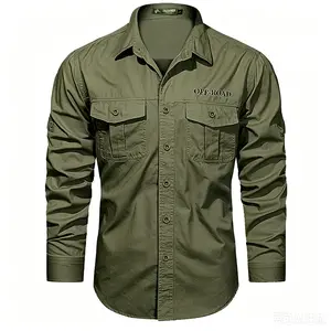 Men’s 100% washed pure cotton military long-sleeve work shirt with embroidery and two pockets, rollable sleeves, durable casual shirt for outdoor fishing