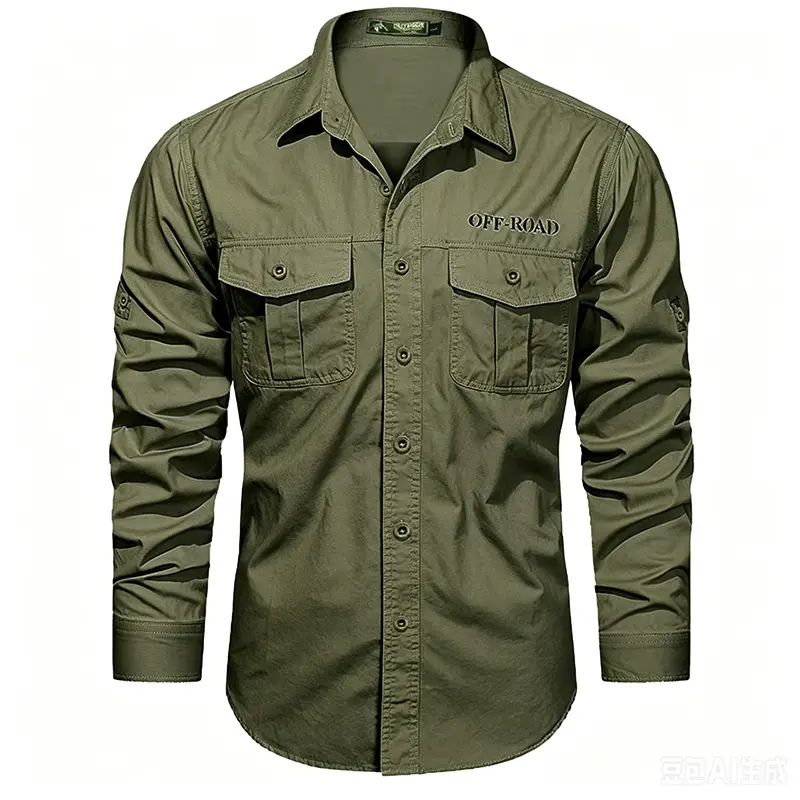 Men’s 100% washed pure cotton military long-sleeve work shirt with embroidery and two pockets, rollable sleeves, durable casual shirt for outdoor fishing