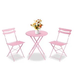 3 Piece Patio Bistro Set, Folding Patio Bistro Table and Chairs Set of 2, Outdoor Patio Furniture Set, Metal Structure, No Assembly Needed, for Balcony Yard Garden, Pink