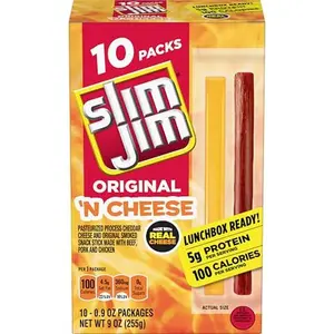 Slim Jim Beef 'N Cheese Smoked Meat Sticks, Original Flavor, 5g Protein Per Serving, Snack Size, 0.9 oz. (10 Count)
