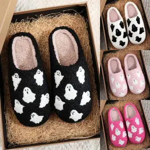 slippers women -Women's Cute Cartoon Ghost Pattern Plush Slippers - Soft Comfortable Home Slippers for Indoor & Outdoor Use