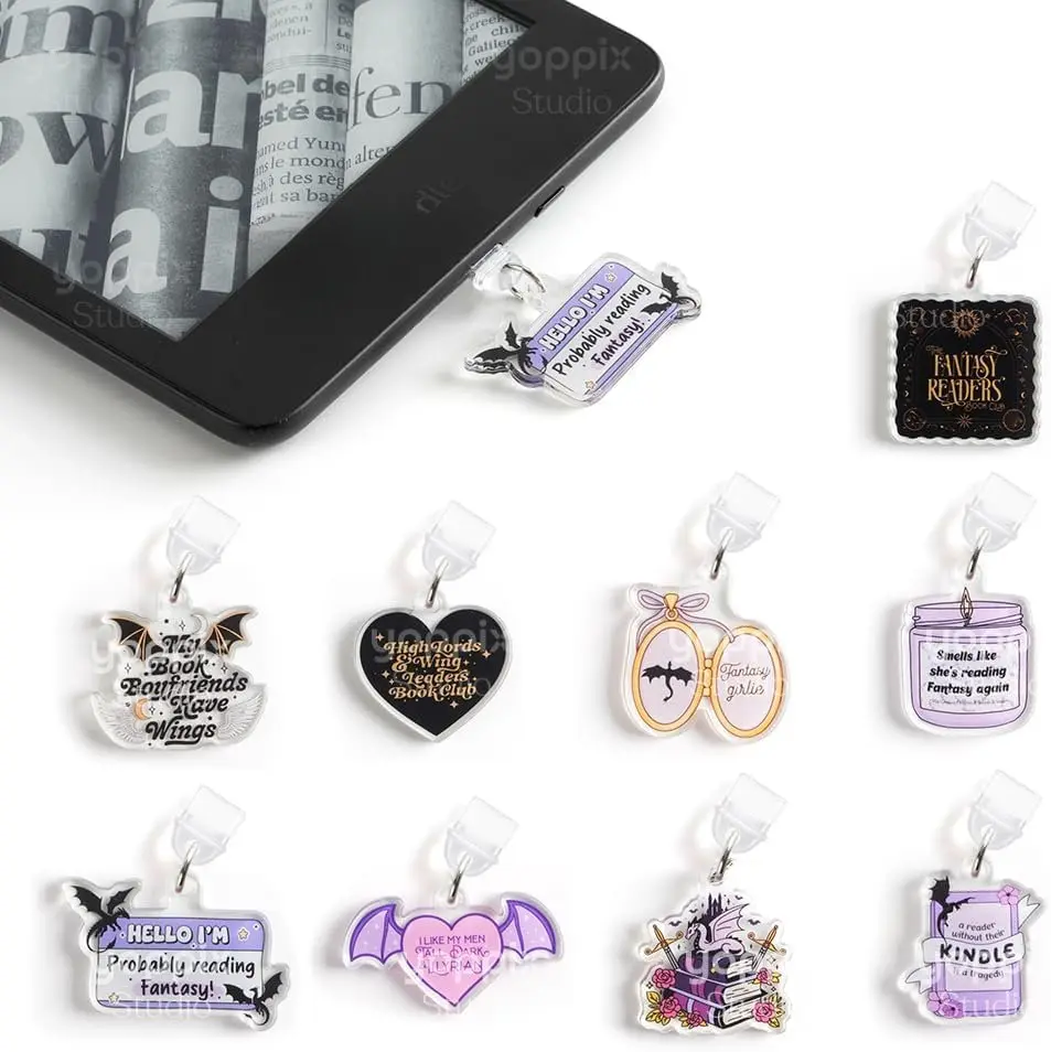 9 count Charms for E-Reader, About Fantasy Theme Dust Plug Charm Compatible with Type C  Port,  for Book Lover Readers Men Women Teachers Students, Accessories for E-Reader