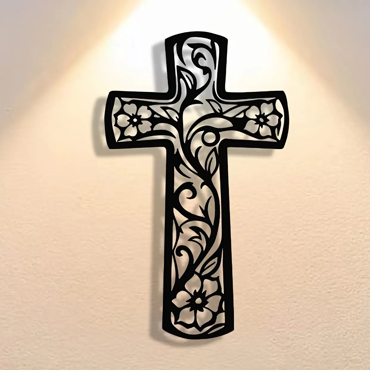 Handicraft: abstract Christmas cross with hollow grape flowers on metal plaque. Wall artwork, modern decor suitable for offices, living rooms, bedrooms. Religious Home Decor, Crosses Wall Decor