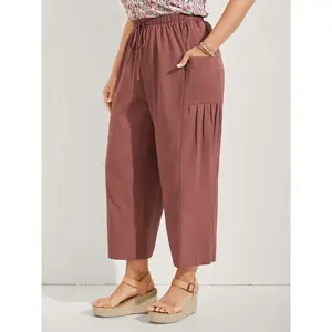 Plus Size Stretchy Pockets Waist-Tie Straight Pants Rust Fitted Casual Resort Bottoms with Drawstring [M-6X]2026 Summer Pick for Mother's Day