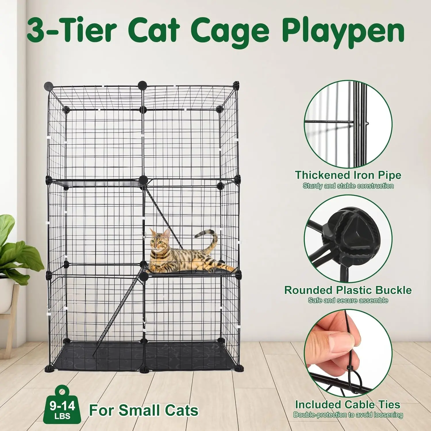 Black Multi-Layers Metal Detachable Indoor Cat Cage Playpen Enclosure - Iron+Plastic Kitten/Rabbit House with Thick Iron Pipe, Large Exercise Area, DIY Combinable Accessories, 6 x Packs of Fence Connectors, 7 x Secure Buckle Packs - 4432, Kittens/Rabbits,