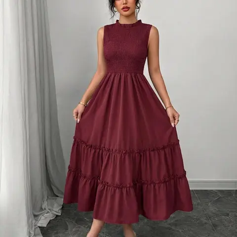 Summer Casual Aesthetic Womenswear Sleeveless Ruched Round Neck Wooden Trim Waist Cinched Pleated Beach Vacation Mid-Length Solid Color Dress Lady Fit Casual Boho Casual Style Chic Sundress