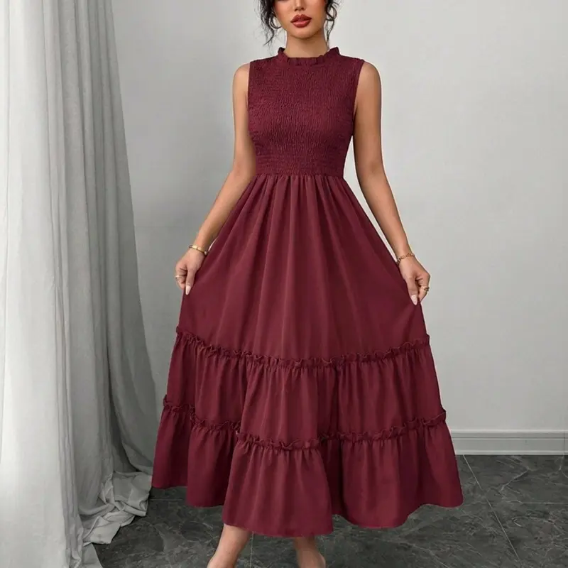 Summer Casual Aesthetic Womenswear Sleeveless Ruched Round Neck Wooden Trim Waist Cinched Pleated Beach Vacation Mid-Length Solid Color Dress Lady Fit Casual Boho Casual Style Chic Sundress