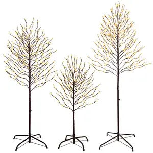 Romswi 3ft 5ft 6ft Lighted Tree Set - Warm White Fairy Lights on Brown Branches, All-Weather Indoor&Outdoor Decor for Christmas & Weddings (3-Pack)