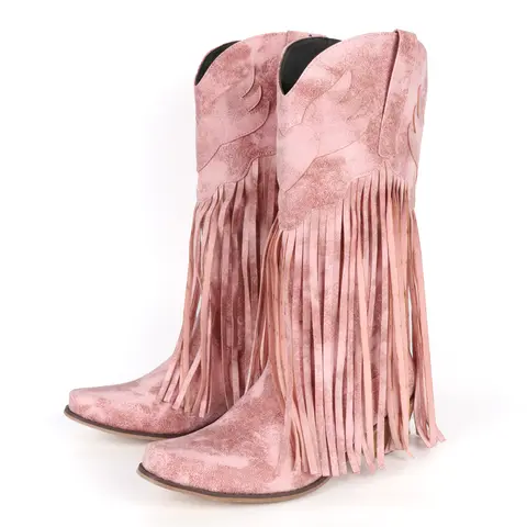 Women's Classic Embroidered Mid-Calf Square Toe Cowboy Boots - Black, Green, Synthetic, All Seasons, Soft, Stacked Block Heel, Rubber Insole, Pull On, Western Style, Fringe Detail, Casual Daily Wear, Party Use