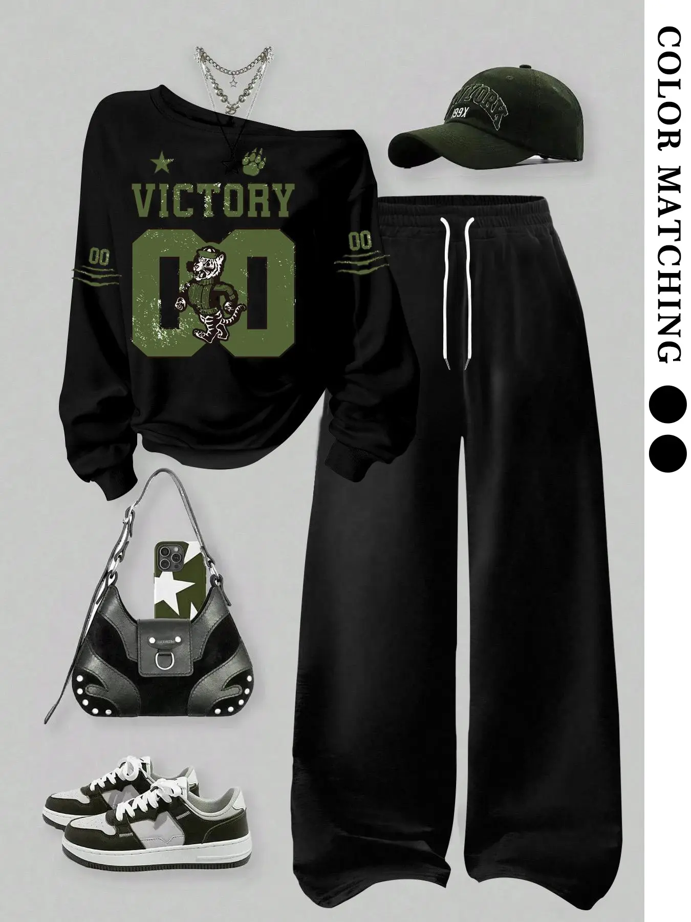Tiger Head Victory Pattern Tracksuit, Athleisure Sweatsuit, Black and Olive Green Two-Piece Casual Set, Retro Tiger Head Print Streetwear, Comfortable Loose-Fit Pants and Hoodie, Casual Outfit, Casual Sportswear, Athletic Sets