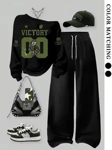 Tiger Head Victory Pattern Tracksuit, Athleisure Sweatsuit, Black and Olive Green Two-Piece Casual Set, Retro Tiger Head Print Streetwear, Comfortable Loose-Fit Pants and Hoodie, Casual Outfit, Perfect for Lazy Days and Trendy Looks