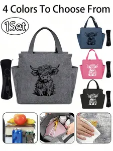 Insulated Lunch Bag Set, Durable Lunch Bag, Includes Lunch Bag and Utensil Storage Bag, Large Capacity Dual Pocket, Cow Pattern, Portable Travel Picnic Bag