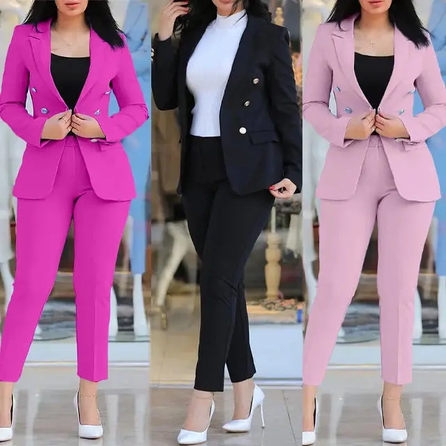 2PC Fall Lapel V-neck Blazer and Pant Suit Set