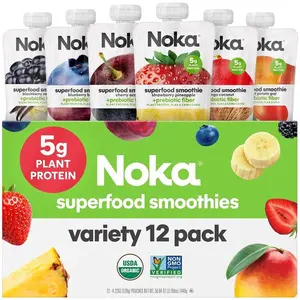 Noka Superfood Fruit Smoothie Pouches Variety Pack, Healthy Snacks with Flax Seed, Plant Protein and Prebiotic Fiber, Vegan and Gluten Free Snacks, Made in USA, Organic Squeeze Pouch, 4.22 oz, 12 Count