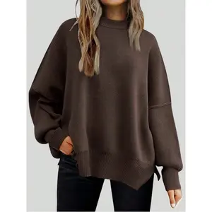 Solid Drop Shoulder Split Hem Sweater,Long Sleeve Tops