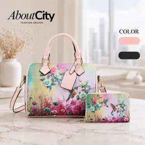 About City Luxury 3D Floral Embroidery Boston Bag with Matching Wallet, Pastel Meadow Blossom Satchel, Convertible Crossbody Handbag 2-Piece Set with Hummingbird Detail
