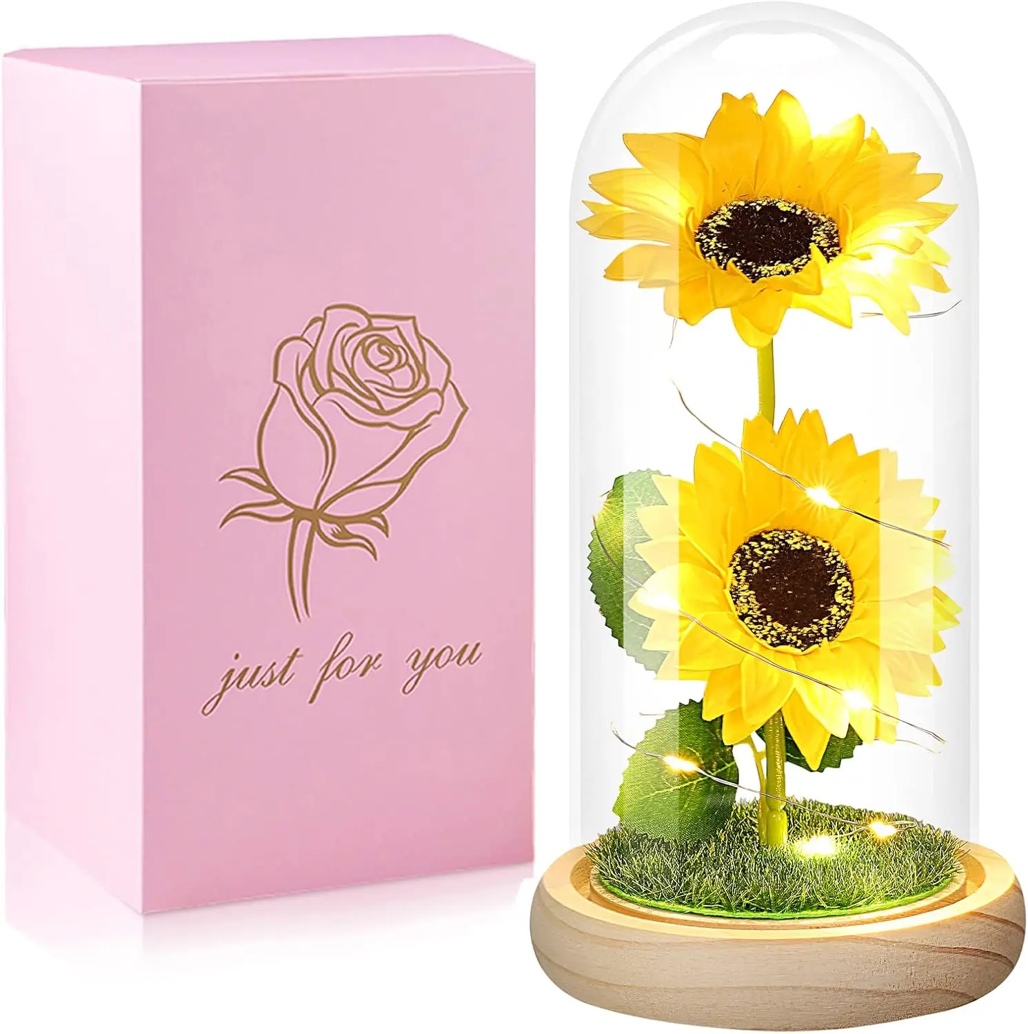 Enchanted LED Sunflower Lamp 1 Pack With Gift Box Artificial Flower Gift for Women Girlfriend, Sunflower Gifts for Mom Grandma, Artificial Sunflower in Glass Dome, Unique Gifts for Christmas, Valentine Day, Mothers Day, Anniversary Home Decor Flower