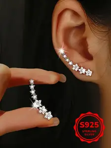 Women's S925 Silver Star Zirconia Embellished High Quality Earrings, Retro Design Sparkling Flower Studs, Daily Wear Party Jewelry Accessories