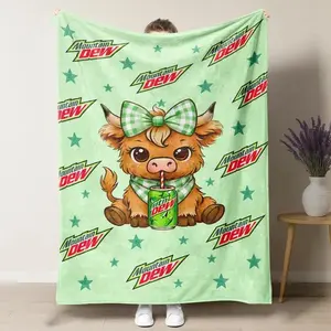 Mtn Dew Cute Highland Cow Plush Blanket,artoon Highland Cow Drinking Mountain Dew Graphic Soft Fleece Throw Blanket, Perfect for Mtn Dew Fans, Cow Lovers & Cozy Home Decor