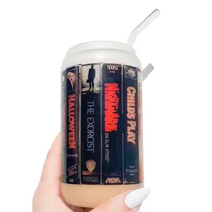 Halloween Horror Movie Glass Can, Iced coffee Glass with bamboo lid and straw, Iced coffee glass, horror gifts for her, cute trendy glass cup, matcha glass Drinkware Birthday Mug Bottles Tumblers