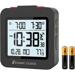 Small Digital Atomic Alarm Clock for Bedroom, 3.15 Inch Portable Travel Clock with Dual Alarms and Snooze, Indoor Temperature, 8s Backlight, Battery Included, Black