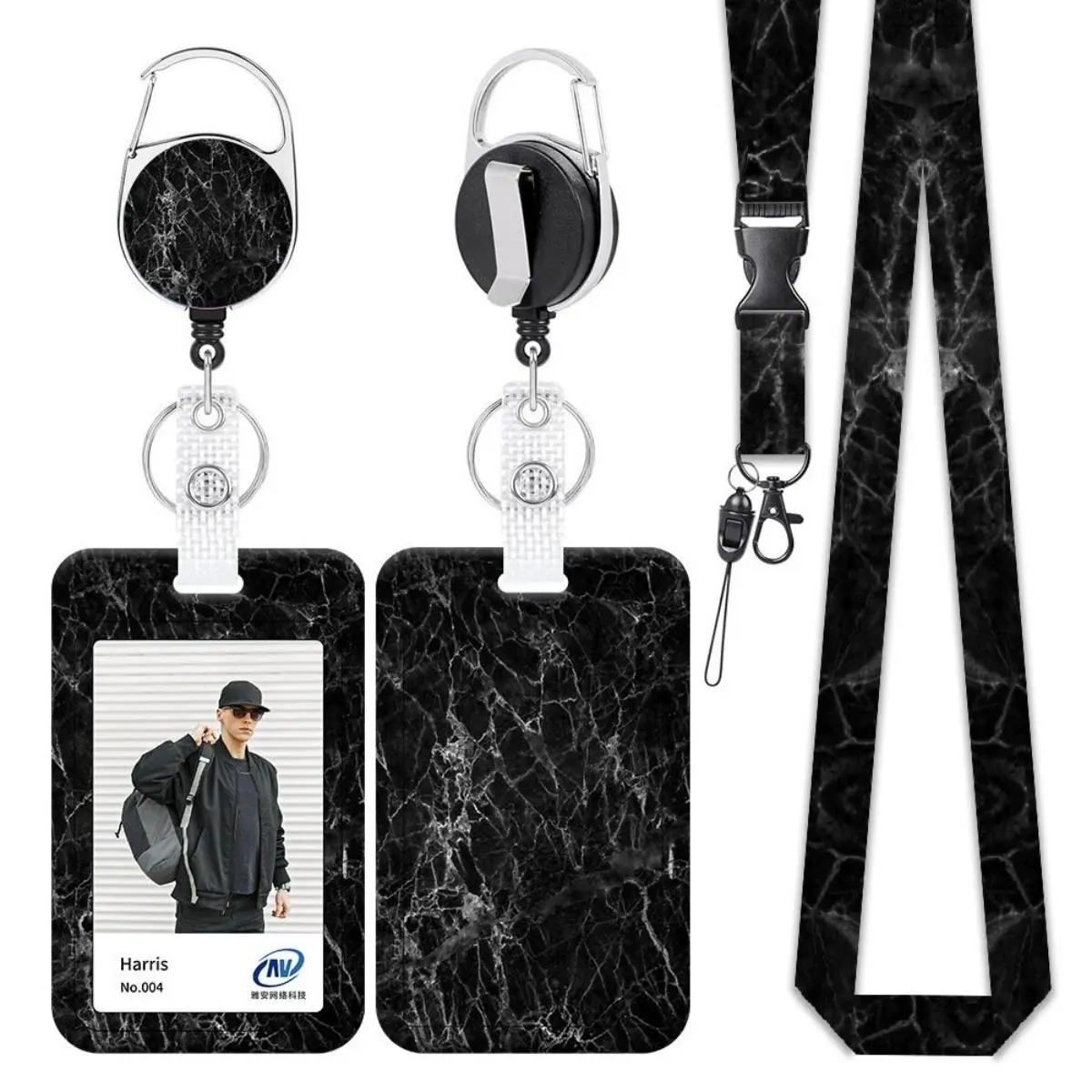 Marble Pattern ID Badge Holder Set, 1 Count ID Card Holder with Lanyard & 1 Count Badge Reel, Identification Badges & Supplies for Office, Medical Badge Holder, Nurse Badge Reel, Lanyards With ID Holder