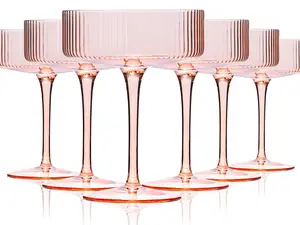 Vintage Art Deco Light Peach Ribbed Martini Glasses Set of 6 - 9 oz - Drinkware