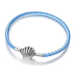 MULA Blue Leather Shell Bracelet with S925 Silver Plated and Cubic Zirconia Clasp - Compatible with Pandora Charms, an ideal ocean-inspired summer gift for women, girls, teens