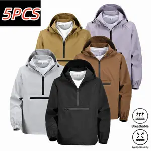 5-pack men’s half-zip hooded pullover softshell jacket, lightweight breathable fabric with slight stretch, waterproof front zippered pocket, drawstring hood brim cuffs, windproof jacket for outdoor commuting, available in multiple colors