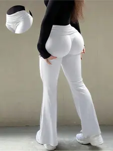 Women's Solid Color Flare Leg Pants, Casual Comfy Bell Bottom Trousers for Daily Wear, Ladies Bottoms for All Seasons, Flowy Wide Leg